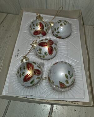 Vintage Hand Decorated European Glass Ornaments Red Green Gold Glitter Christmas
